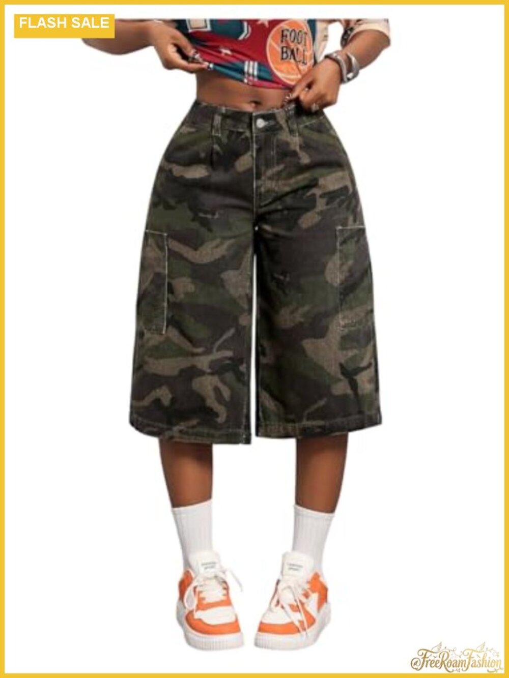Wide Leg Camo Cargo Capri Jeans Soft Denim Streetwear Pants